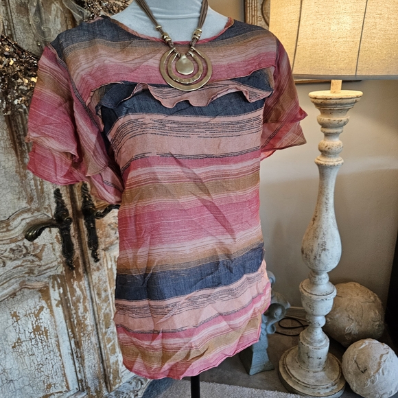 Chic Multicolor Striped Blouse with Ruffles - Picture 1 of 9